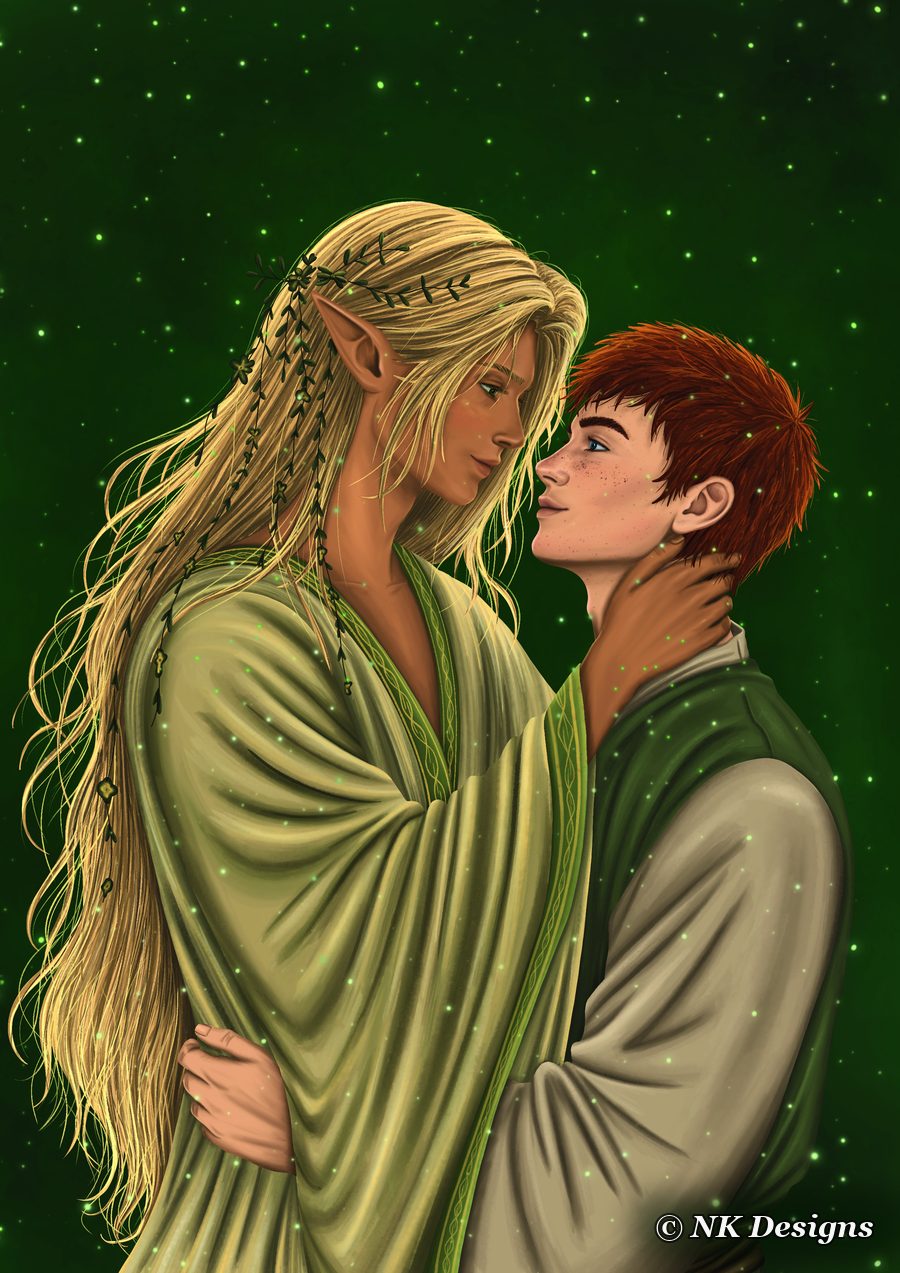 Charakterkarte: der Elf Shay und Kieran mit roten Haaren halten einander unter einem Sternenhimmel